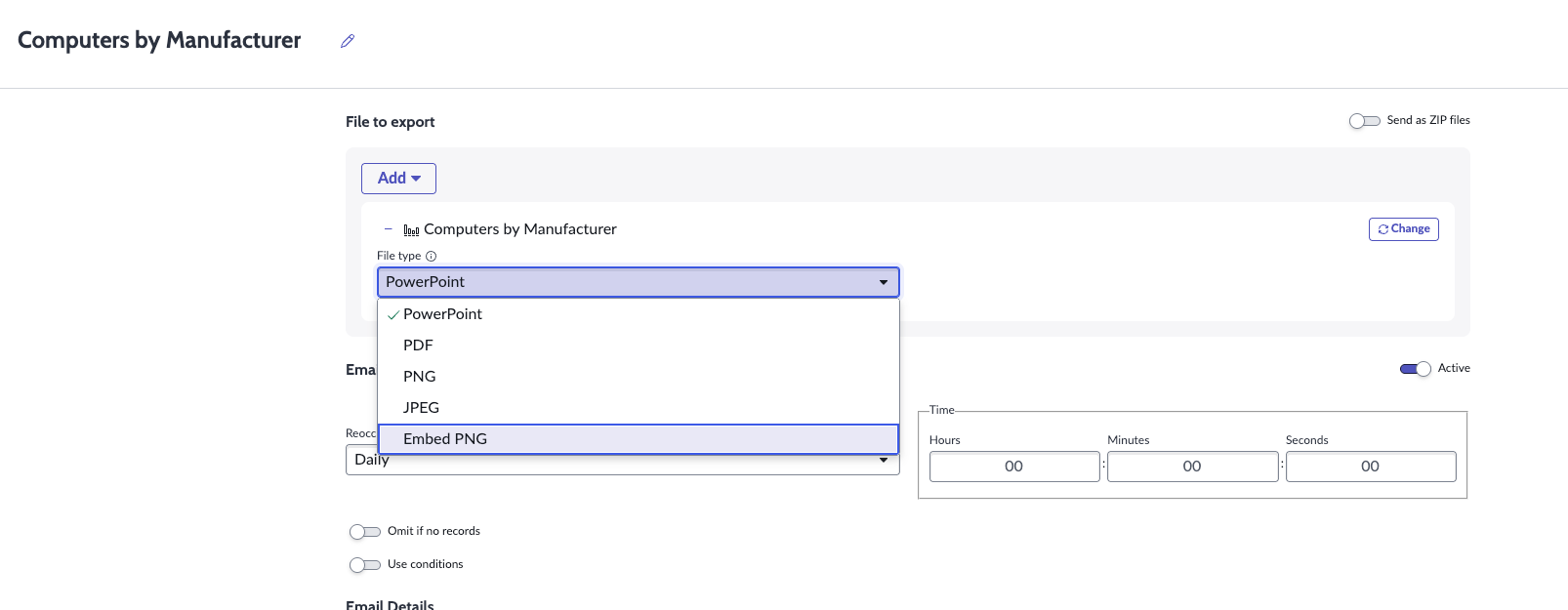 Screenshot of the Scheduled Export screen in Platform Analytics.
